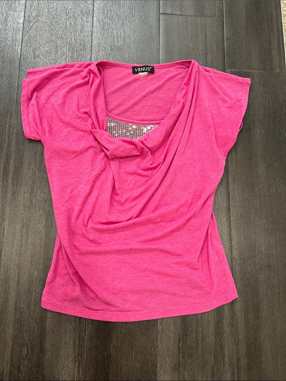 VENUS Hot Pink Short-Sleeve Cowl Neck Top with Sequin Trim